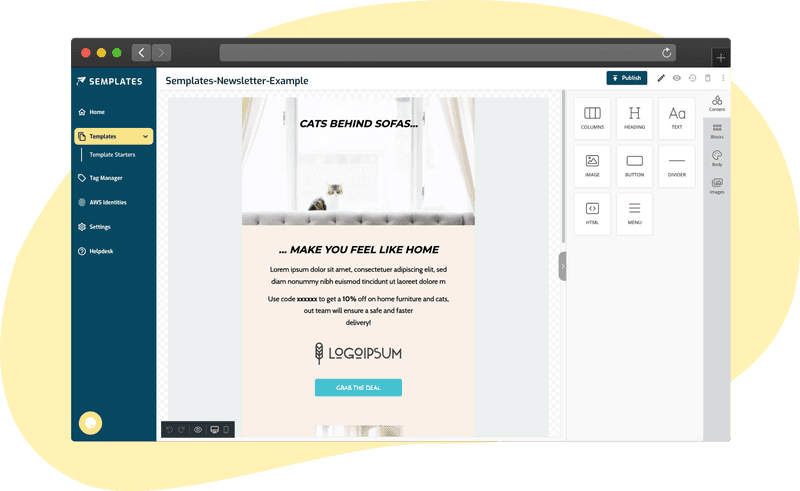 The Semplates template editor makes it easy to design personalized, responsive, and branded transactional email templates via drag and drop - no coding skills required.