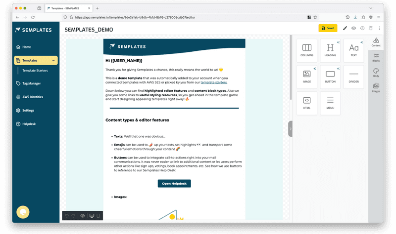 The Semplates template editor makes it easy to design personalized, responsive, and branded transactional email templates via drag and drop - no coding skills required.